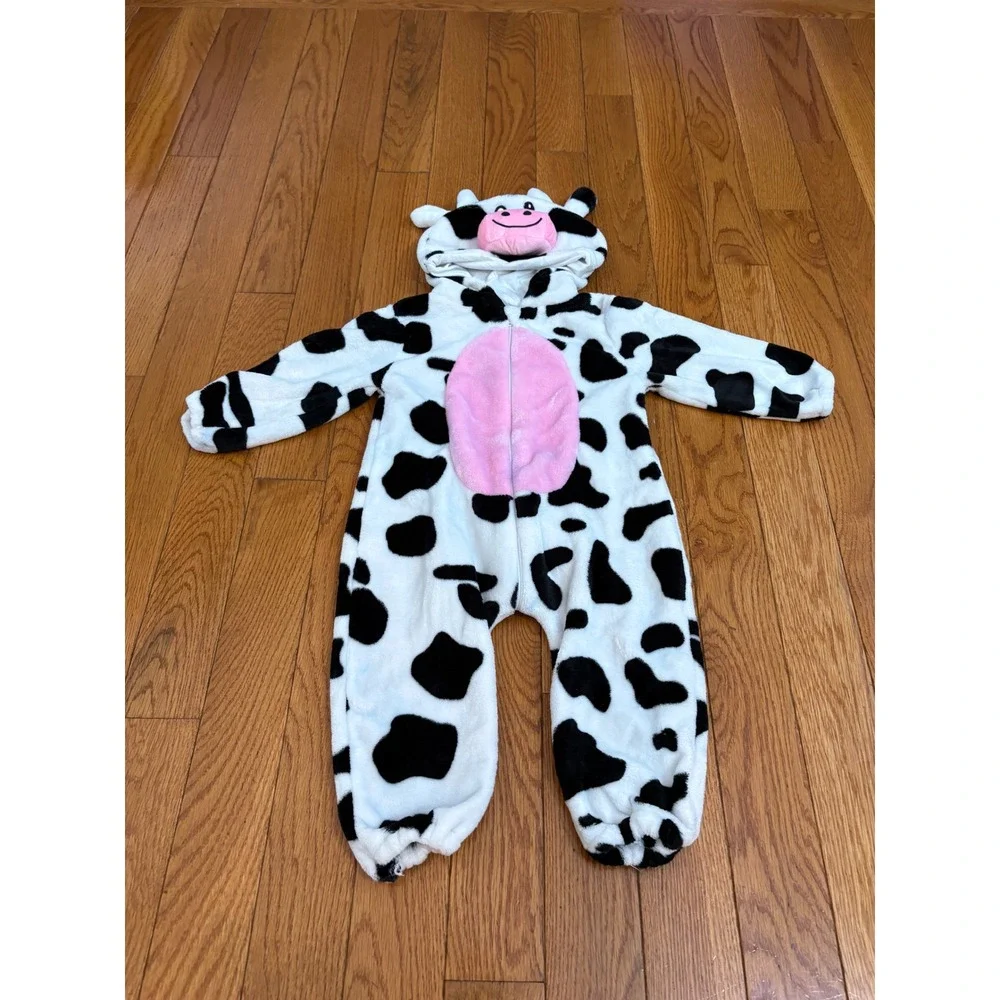 Michley Kids Cow Print Fleece Hooded Romper Jumpsuit Size 3/4 Black White